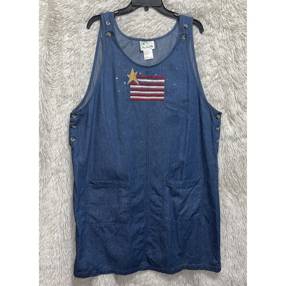 Quacker Factory Dresses & Skirts - Quacker Factory Denim Midi‎ Dress Womens 1X Blue Cotton Pockets Flag Applique